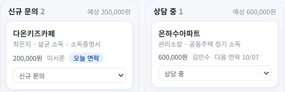 CRM 문의 카드